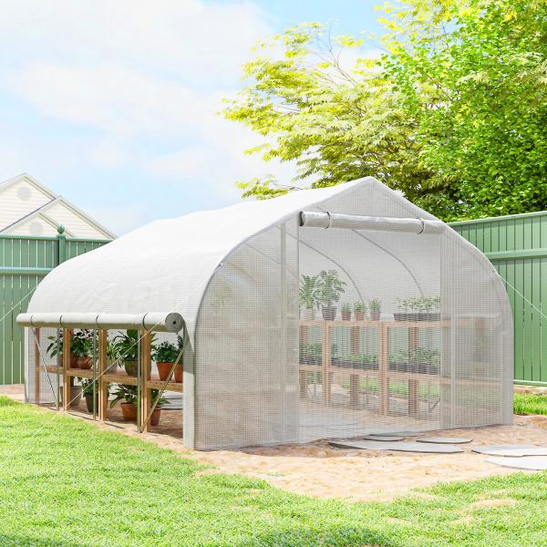 Estufa Tipo Túnel 395x300x200 cm com Porta de Malha e 8 Janelas Estufa de Jardim com Cobertura de PE Branco