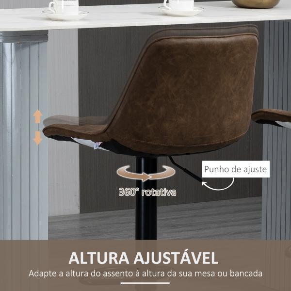 Conjunto de Bancos de Bar Estofados em PU Bancos Altos de Sala de Jantar com Altura Ajustável Assento Giratório e Apoio para os Pés Carga Máxima 120kg 46,5x51x86 - 106cm Marrom