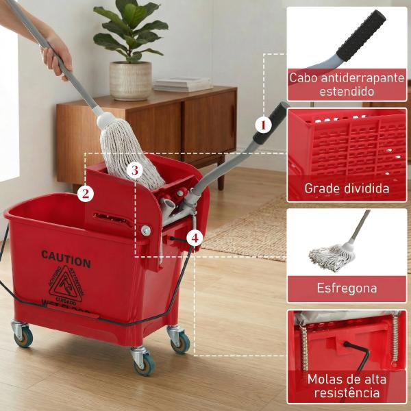 Balde de Limpeza com Escorredor Painel Separador e Rodas Capacidade de 20L para Limpezas Domésticas 45x26,5x70 cm Vermelho