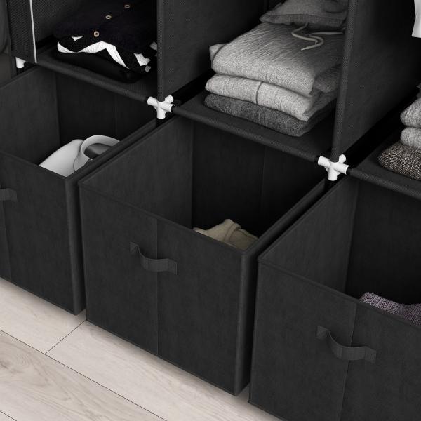 Roupeiro de Tecido com 2 Varões 5 Prateleiras 3 Gavetas Fecho de Correr Estrutura de Aço 125x43x162,5 cm Preto