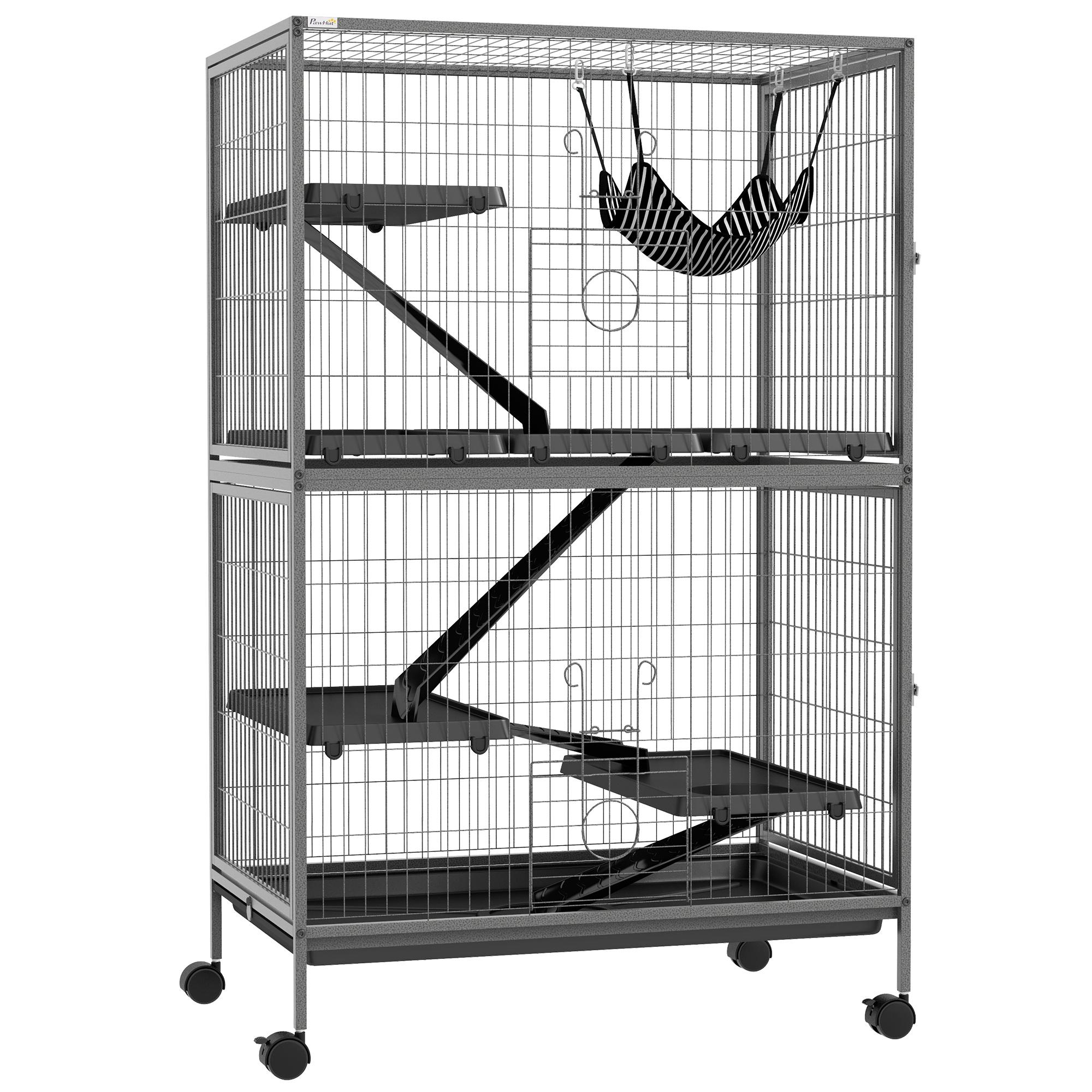 Gaiola para Roedores 80x52x128 cm Casa de 4 Alturas com Rampas Suspensa Rede Bandeja Removível Rodas Cinza Prateado
