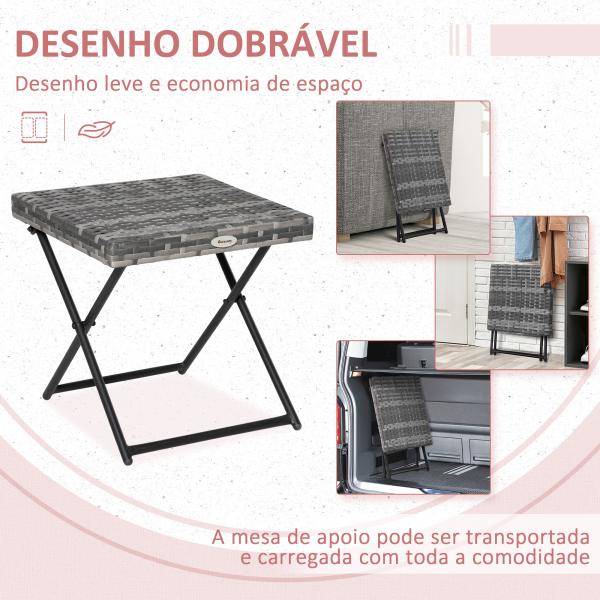 Mesa de Jardim em Vime Sintético Mesa Dobrável com Pés Cruzados e Estrutura de Aço para Pátio Varanda 40x40x40 cm Cinza