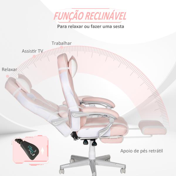 Cadeira Gaming Cadeira de Escritório Reclinável Apoio para os Pés Retrátil Suporte Lombar e Almofada para a Cabeça 63x63x115,5 - 123 cm Rosa