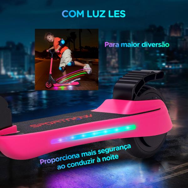 Trotinete Elétrica Dobrável para Crianças 120 W Autonomia 6 km e Máximo 10 km/h com Travão Luzes LED 74x52x83 - 87 cm Rosa