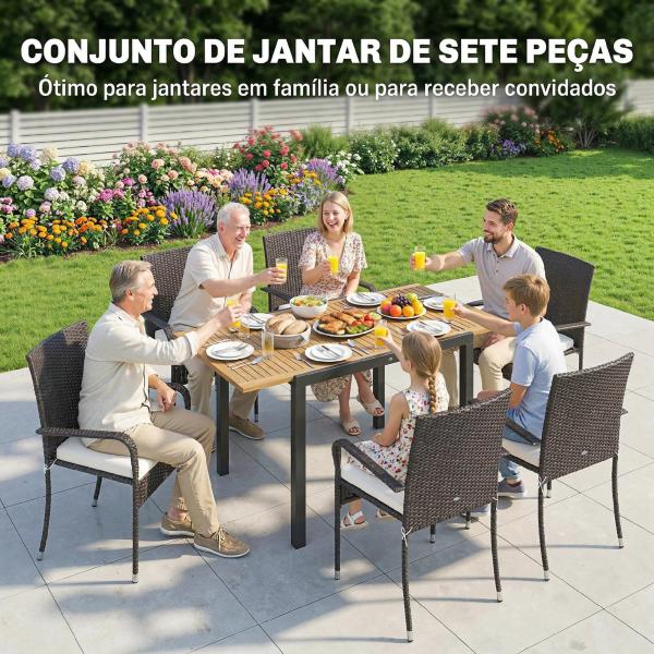 Conjunto de Mesa e Cadeiras de Jardim em Vime 7 Peças com Mesa Extensível em Madeira e 6 Cadeiras Empilháveis Creme