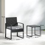 Conjunto de Móveis de Exterior de 3 Peças em Vime PE com Cadeiras Mesa de Vidro Temperado e Almofadas Cinza Claro
