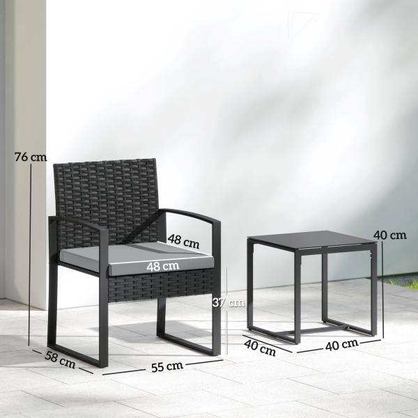 Conjunto de Móveis de Exterior de 3 Peças em Vime PE com Cadeiras Mesa de Vidro Temperado e Almofadas Cinza Claro