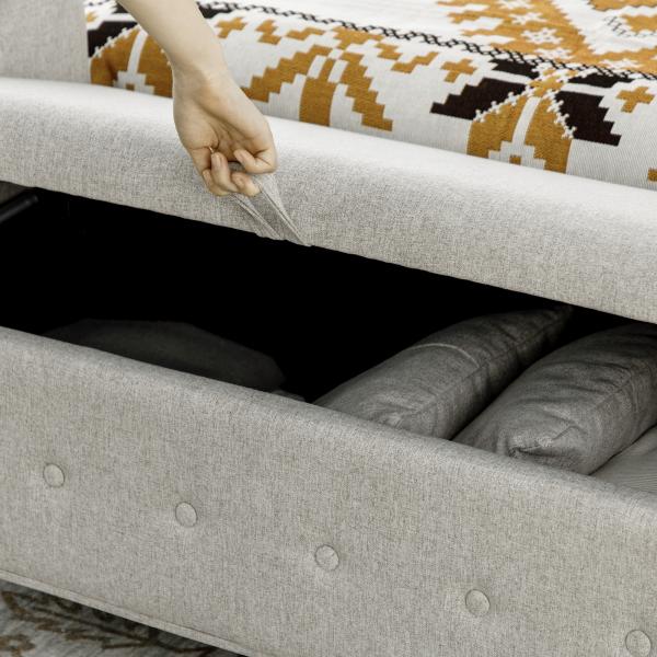 Banco de Pé de Cama de Linho com Dobradiças na Tampa Pés de Madeira e Apoio para os Braços 146,5x49x74,5cm Cinza Claro
