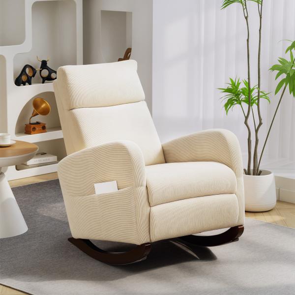 Cadeira de Baloiço de Veludo com Encosto Alto Pés de Madeira Bolsos Apoios de Braços Estilo Moderno 67x94x105 cm Bege