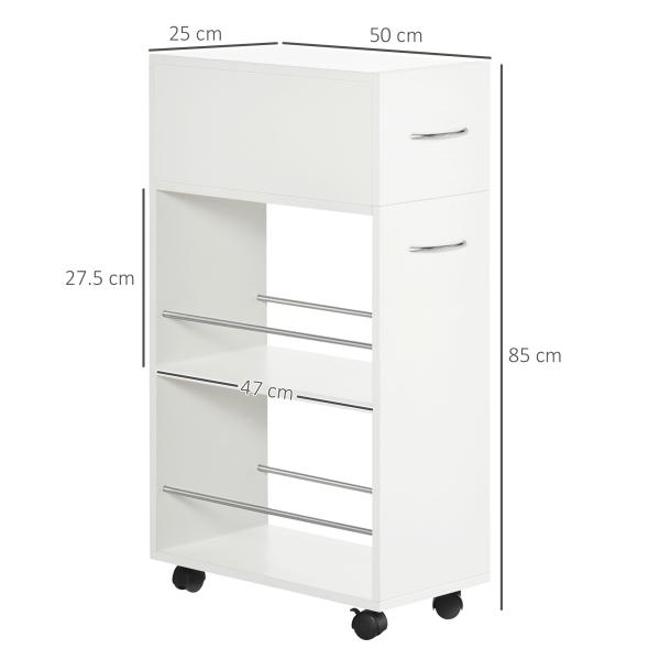 Carrinho de Cozinha com 1 Gaveta e 2 Prateleiras Abertas Carrinho de Cozinha Auxiliar cm Rodas 25x50x85cm Branco