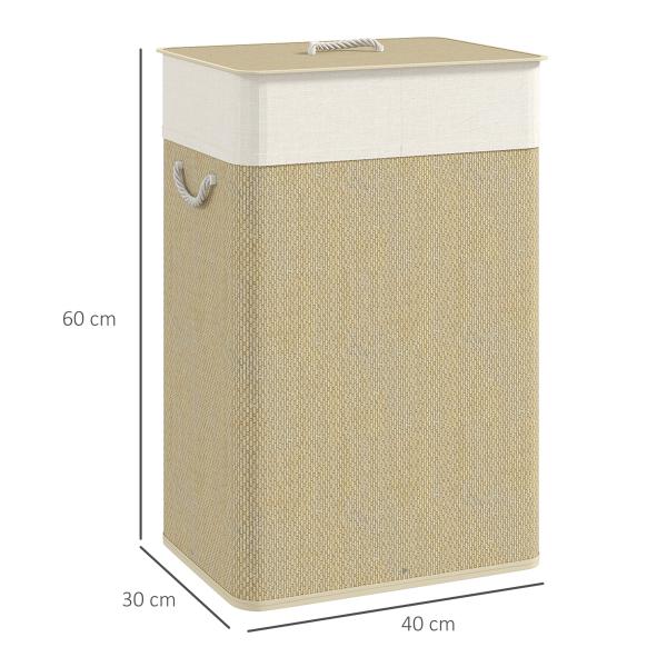 Cesto de Roupa com Tampa 72L Cesto de Roupa de Bambu com Bolsa Interior Removível e Alças 40x30x60 cm Bege e Creme