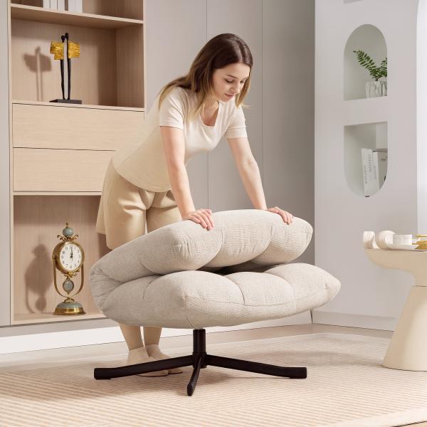 Poltrona Giratória Moderna Poltrona de Sala de Estar com Base de Cruz Estofada em Chenille Impermeável Assento Extra Largo e Pernas de Aço Poltrona Relax para Sala de Estar Quarto 75x95x90 cm Creme
