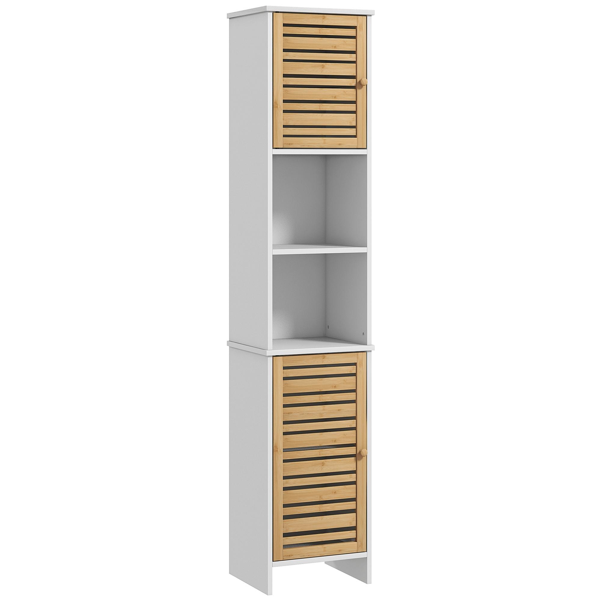 Coluna Casa de Banho Móvel Auxiliar Casa de Banho com Prateleiras Ajustáveis e Portas de Bambu 35x30x170 cm Branco e Madeira