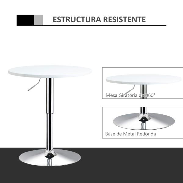 Mesa de bar ajustável em altura com base redonda e antideslizante para cozinha sala de jantar Ø60x69 - 93 cm Branco