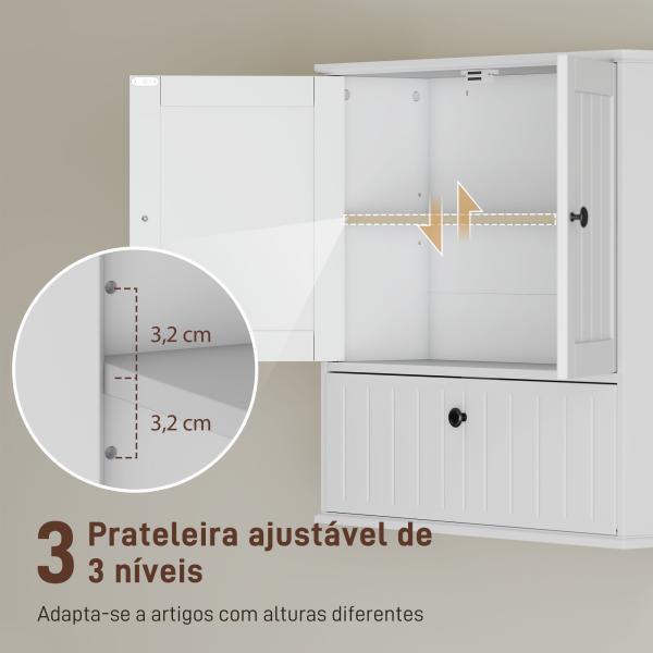 Armário Casa de Banho de Parede Rústico com Prateleira Ajustável Dupla Porta Porta Basculante e Fecho Magnético 60x19,5x60 cm Branco