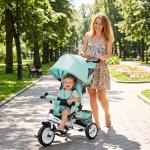 Triciclo para Bebés 2 em 1 de +12 Meses com Capota Dobrável Guiador Telescópico e Removível Bolsa e Porta - Garrafas Verde Água