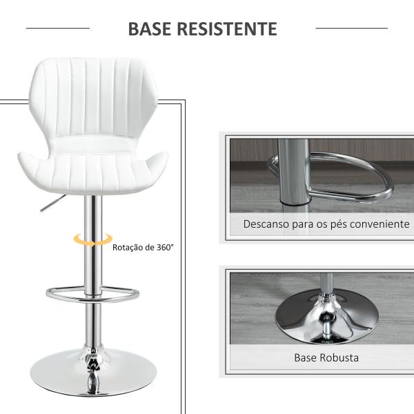 Conjunto de 2 Bancos de Bar Bancos Altos de Cozinha Giratório Altura Ajustável 91,5 - 113,5cm com Apoio para os Pés e Base de Metal Ø41 cm Branco
