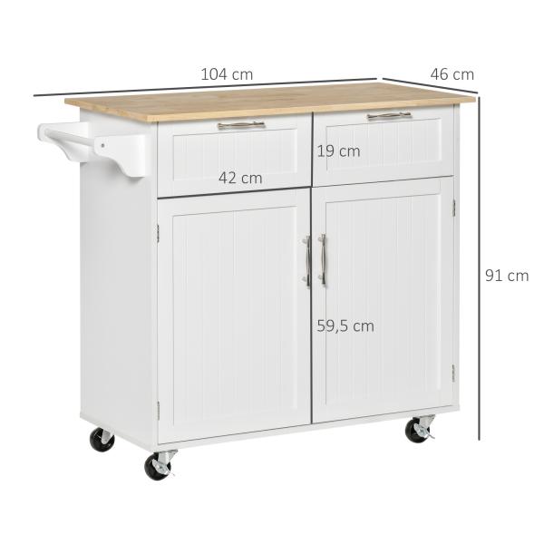 Carrinho de Cozinha com Rodas Móvel Auxiliar de Cozinha com 2 Gavetas 2 Portas Prateleira Ajustável 104x46x91 cm Branco