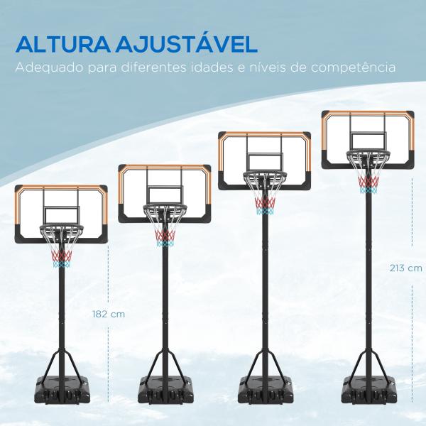 Tabela de Basquetebol de Exterior com Altura Ajustável 235 - 264 cm Suporte para Bola Rodas e Base Recarregável Preto