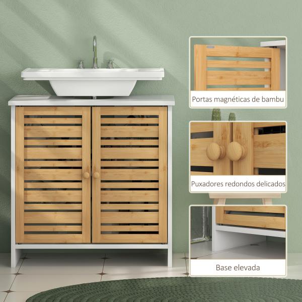 Móvel para Lavatório Móvel Sob Lavatório Moderno com Portas Magnéticas de Bambu e Estante Ajustável 60x30x60 cm Branco e Madeira