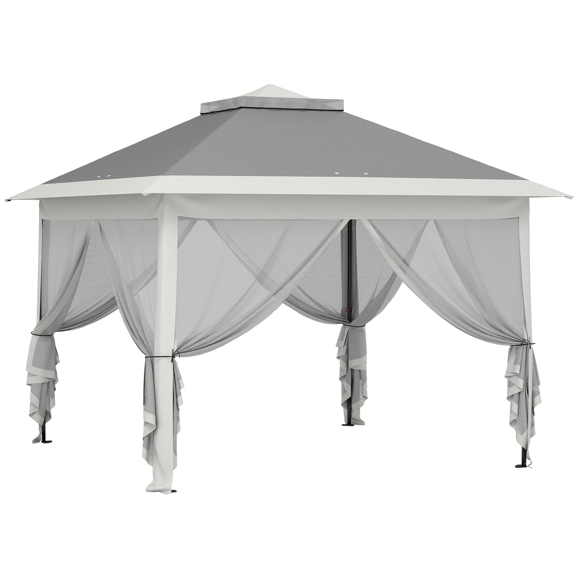 Tenda Dobrável 3,3x3,3 m Pop - up Altura Ajustável Teto Duplo Mosquiteiras Removíveis e Bolsa de Transporte Anti - UV Cinzento