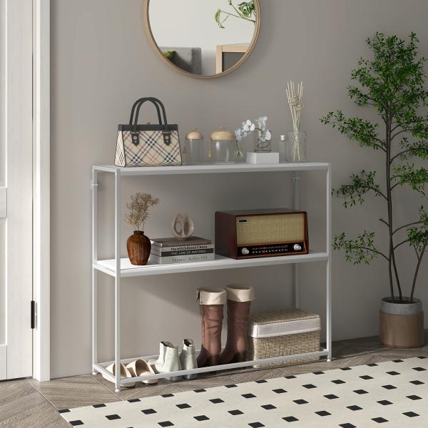 Mesa Consola de Entrada Mesa de Entrada com Estante Aberto e Estrutura de Aço Anti - tombo para Sala 100x30x87 cm Branco