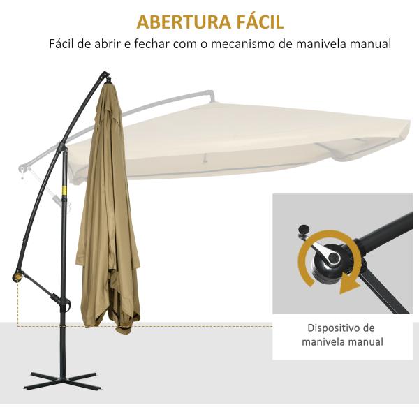 Chapéu de Sol de Jardim Chapéu de Sol Excêntrico com Rede Mosquiteira Manivela e Base Cruzada 295x295x260 cm Bege