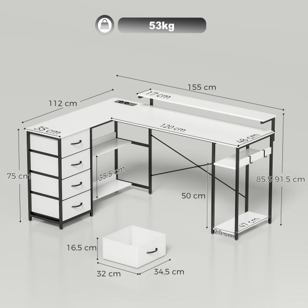 Mesa de Canto para Computador Amplo Espaço de Arrumação com 4 Gavetas 155x112x91,5 cm Branco