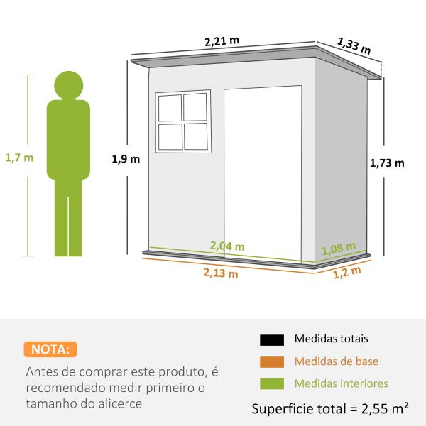 Abrigo de Jardim Exterior 2,55 m² 221x133x190 cm com Janela Porta com Fechadura e Ventilações Cinzento Escuro