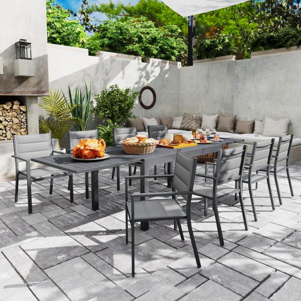 Conjunto de Jardim Refeição de 9 Peças com Mesa Extensível 8 Cadeiras Empilháveis 135 - 270x89x74cm Cinza