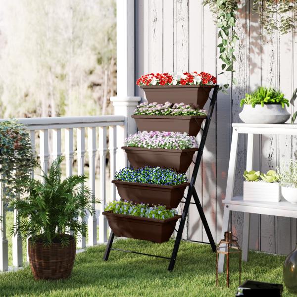 Suporte para Plantas de 5 Níveis com 5 Vasos Orifícios de Drenagem para Interior e Exterior 55x63x120 cm Preto
