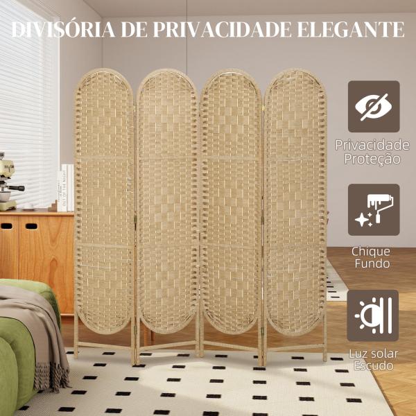 Biombo Separador de 4 Painéis 160x170 cm Painel de Privacidade Dobrável Boémio com Topo Arqueado Entrançado à Mão Madeira
