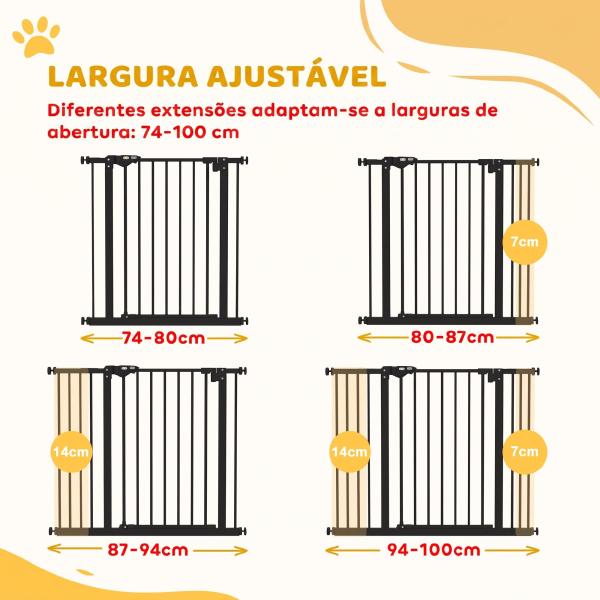 Barreira de Segurança para Cães 74 - 100 cm com Extensões, Montagem por Pressão e Duplo Bloqueio, Preto
