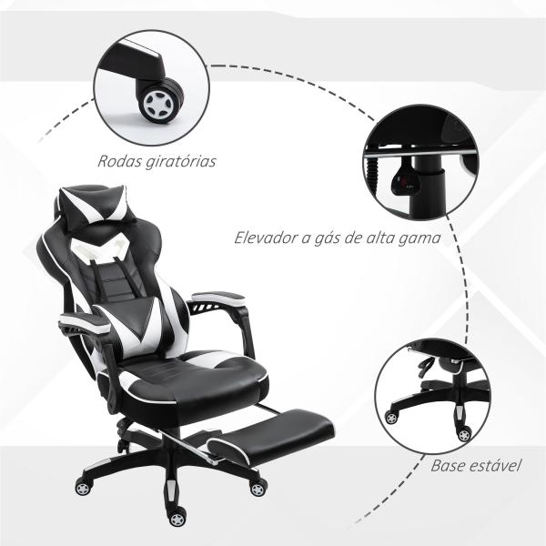 Cadeira de escritorio gaming ergonômica Altura ajustável Reclinável Encosto com apoio para pés 65x70x118,5 - 126,5 cm Branco e Preto