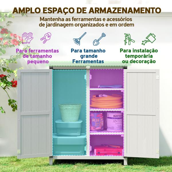 Armário de Jardim de Madeira 75x40x90 cm Armário para Armazenamento de Ferramentas com 4 Prateleiras 2 Portas Cinzento