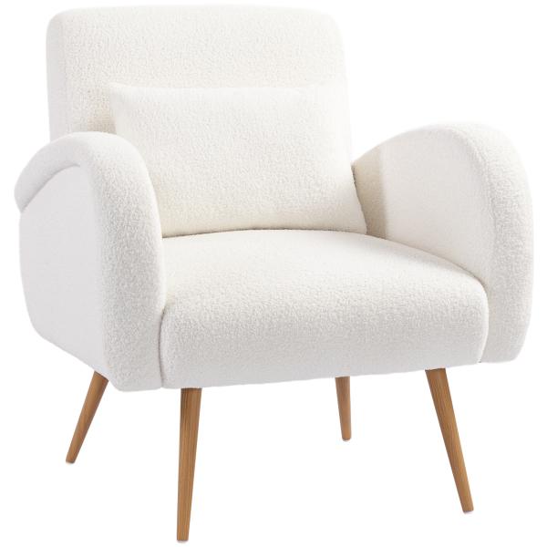 Poltrona em Tecido Teddy com Almofada Lombar Amovível e Pés Metálicos Efeito Madeira para Quarto, Creme