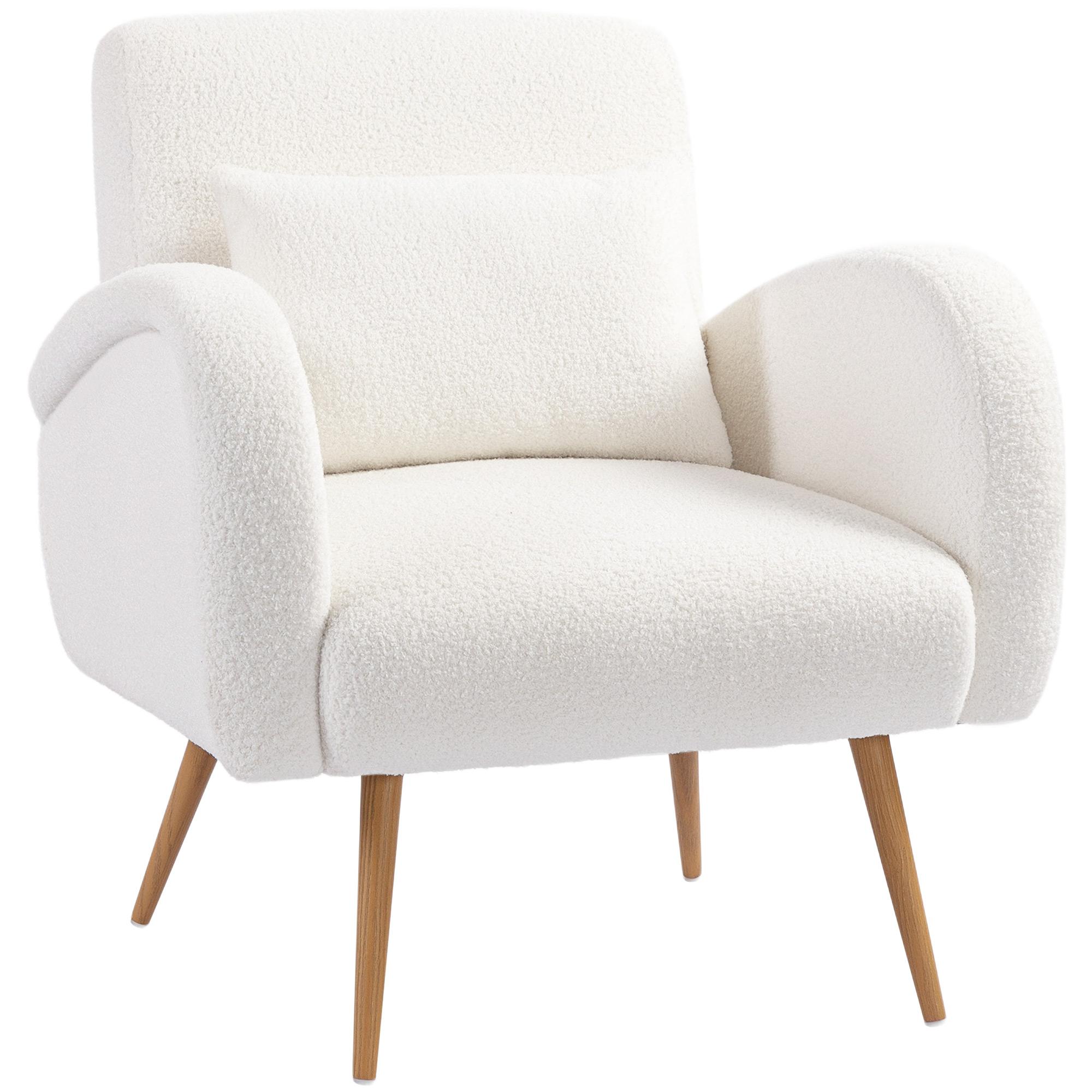 Poltrona em Tecido Teddy com Almofada Lombar Amovível e Pés Metálicos Efeito Madeira para Quarto, Creme
