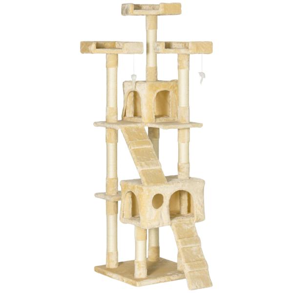 Árvore Arranhador para Gatos Grande 49x49x173 cm com Múltiplos Níveis Cavernas Brinquedos Suspensos Centro de Atividades de Sisal Bege