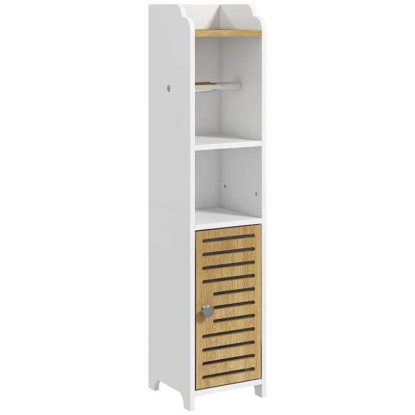 Armário Casa de Banho Moderno com Prateleiras e Suporte para Papel Higiénico 18x20x90 cm Branco e Madeira