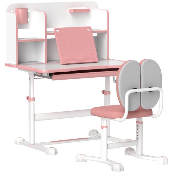 Conjunto de Secretária e Cadeira para Crianças Secretária Infantil Altura Ajustável 80x55x107,5 cm Rosa