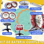Bateria Infantil com Banco Bateria para Crianças acima de 3 Anos com Pedal e Baqueta Desenho de Estrelas 65x22x57 cm Vermelho