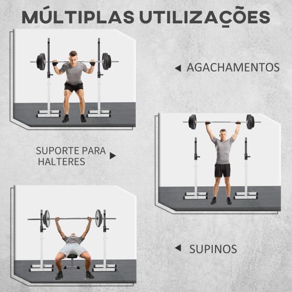 Suporte para Barra de Pesos Ajustável Estante de Aço para Levantamento de Pesos Carga Máx. 150kg Treinamento em Academia Casa 52x48x105 - 160cm Branco e Preto