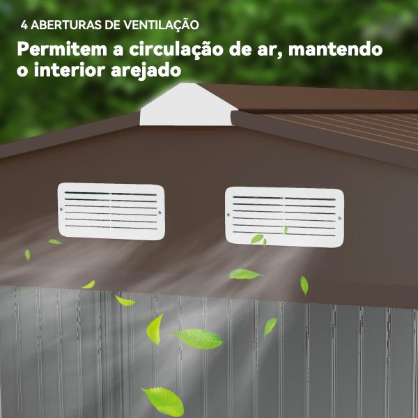 Abrigo de Jardim Exterior 4,83 m² 277x195x192 cm Abrigo e Jardim Metálico para Armazenamento de Ferramentas com Base Incluída e 4 Janelas Castanho