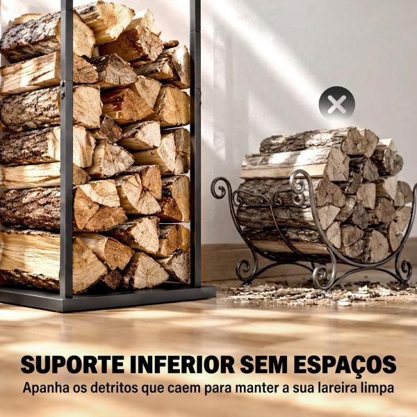 Suporte para Lenha Metálico para Lareira com Base Elevada Capacidade de 100 kg 33x33x110 cm Preto