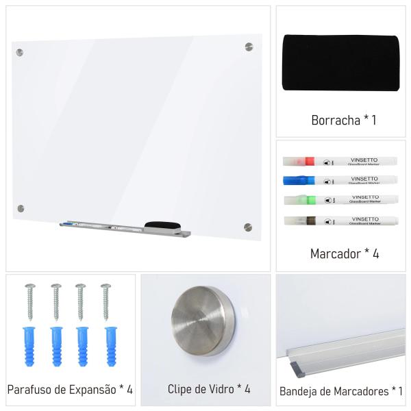 Placa de vidro com bandeja Inclui 4 marcadores e borracha 90x60x0,45 cm Branco