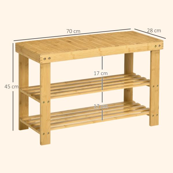 Banco Sapateira de Bambu Organizador de Sapatos com 2 Prateleiras para 6 - 9 Pares de Sapatos 70x28x45 cm Madeira
