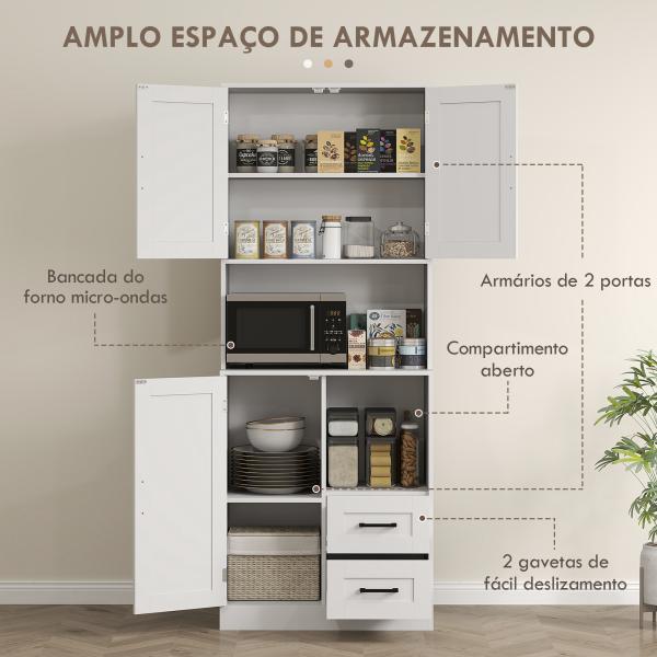 Armário de Cozinha Rústico Armário Alto de Cozinha com Portas Compartimentos Abertos Gavetas e Prateleiras Ajustáveis Anti - Tombo para Sala de Jantar 70x40x180 cm Branco
