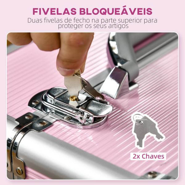 Mala de Maquilhagem Professional com Rodas 6 Gavetas Extensíveis Fechadura 2 Chaves e Alça Retrátil 36x23x58 cm Rosa