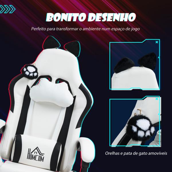 Cadeira Gaming com Orelhas Cadeira Gamer Reclinável com Altura Ajustável e Suporte Lombar 65x62x116 - 124 cm Branco