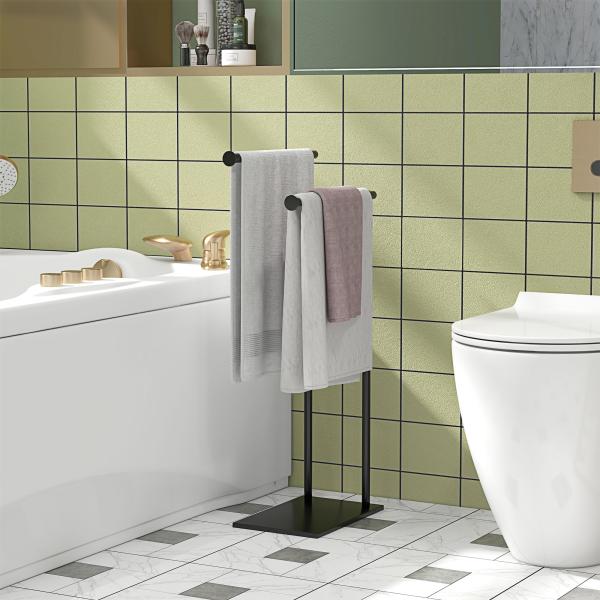 Toalheiro de Pé de 2 Níveis Toalheiro Casa de Banho com Estrutura de Metal Toalheiro em Forma de L 35,5x20x78 cm Preto